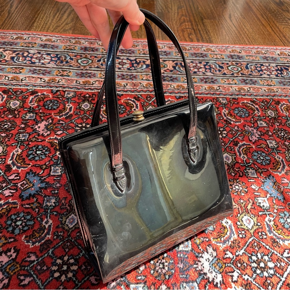 Vintage Black Patent Top Handle Kiss Lock Hand Bag 50s 60s Retro